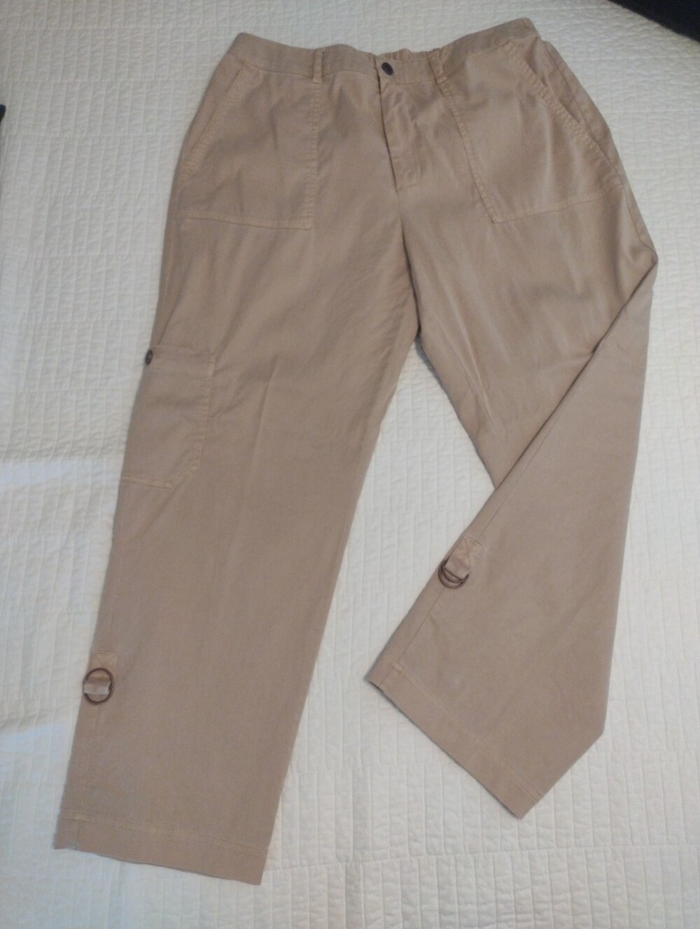 Soft Surroundings Cargo Pants Women L Elastic Back Waist D-rings Roll Tabs Khaki